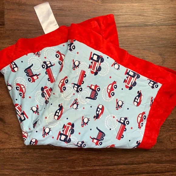 Boutique Baby Blanket Transportation Theme Mink Blue and Red - Picture 1 of 2